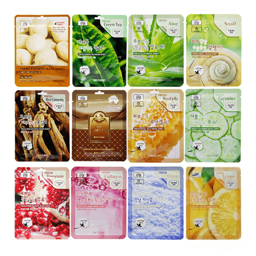 Collection of 3W CLINIC Fresh mask sheets featuring various ingredients like potato, aloe, snail, and more.