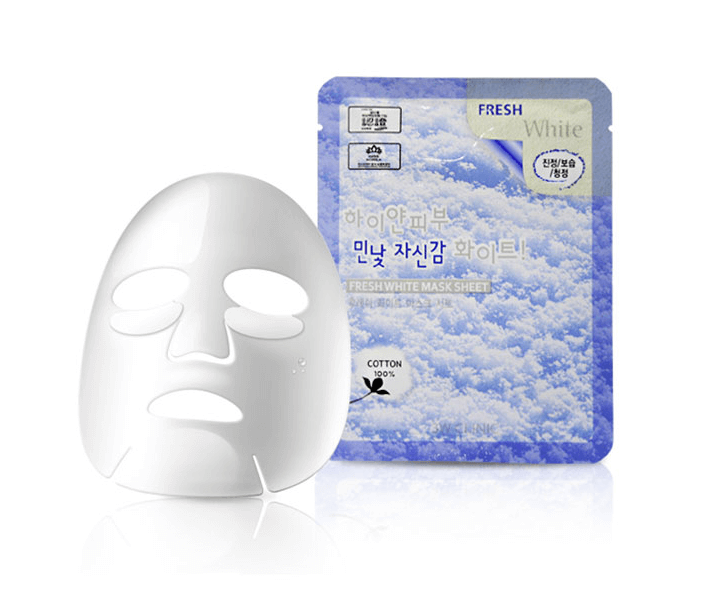 3W CLINIC Fresh White Mask Sheet 23ml with white sheet mask and blue packaging for clear, moisturized skin.