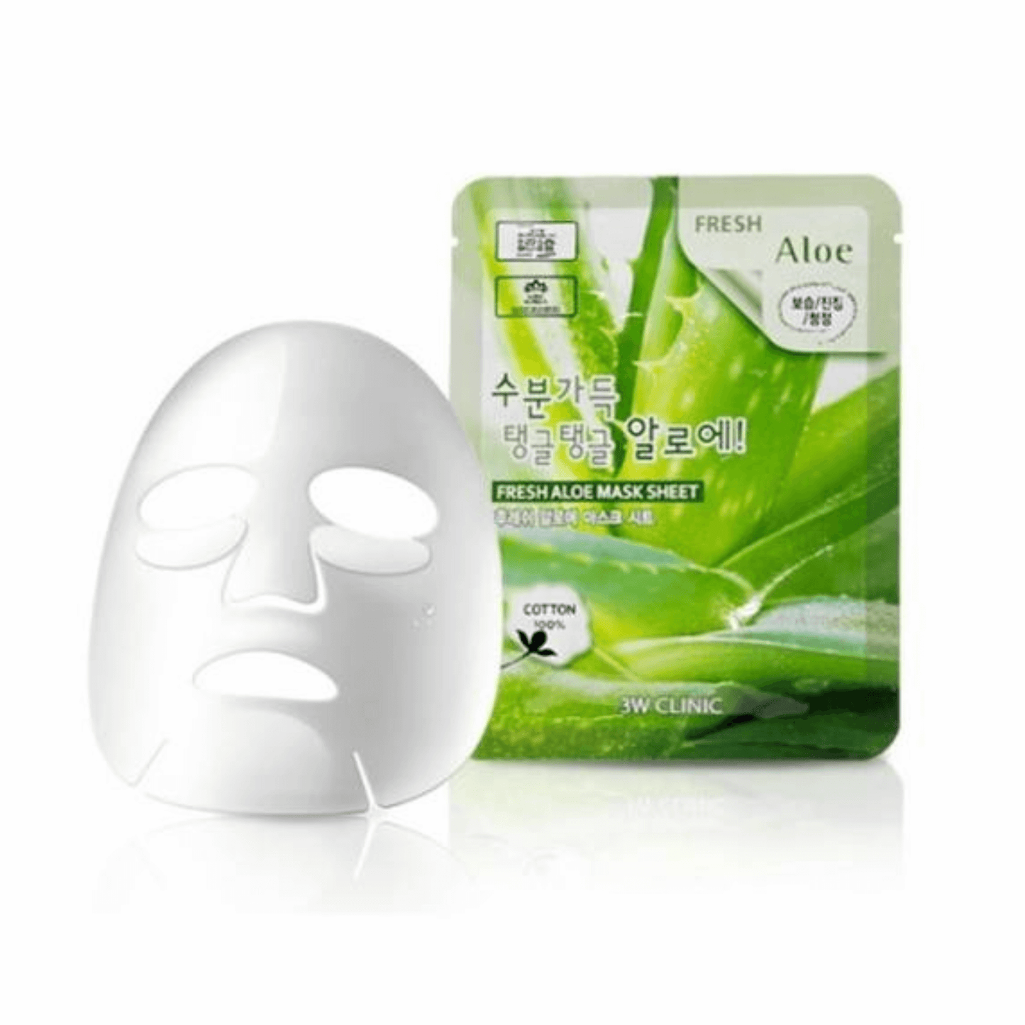 3W CLINIC Fresh Aloe Mask Sheet 23ml with hydration-boosting aloe extract and a cotton mask for soothing skin.