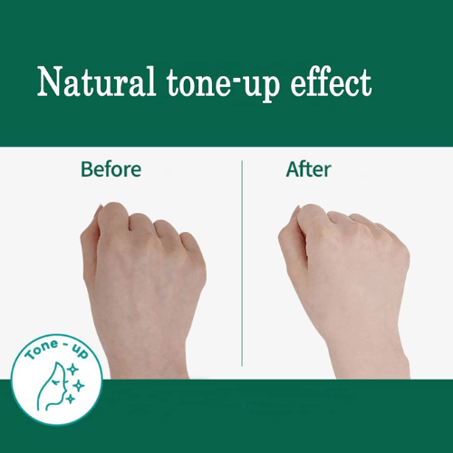 Before and after image showing the natural tone-up effect of PRRETI Daily Tone-Up Cica Sun Cream on hands.