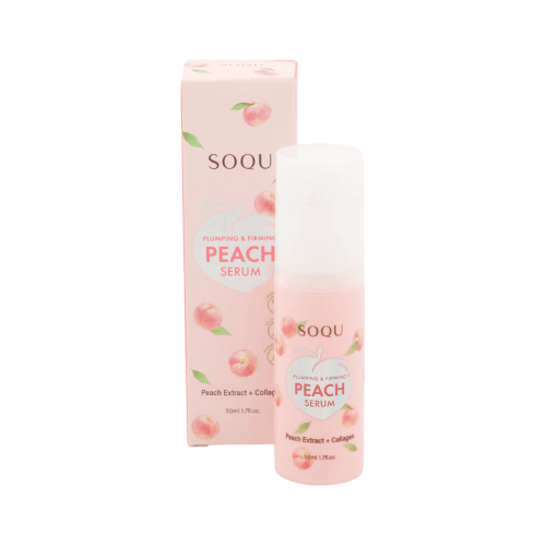 SOQU Peach Serum 50ml with collagen and peach extract for plumping and firming skin, displayed in its box.