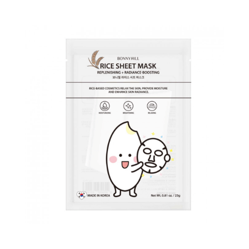 BONNYHILL Rice Sheet Mask, 23g pack, features cute design, hydrates skin, enhances radiance with rice and chestnut extracts.