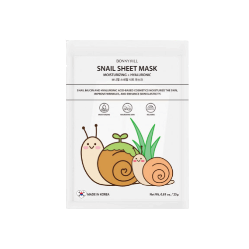 BONNYHILL Snail Hyaluronic Mask 23g, moisturizing sheet mask with snail mucus for skin elasticity and hydration.